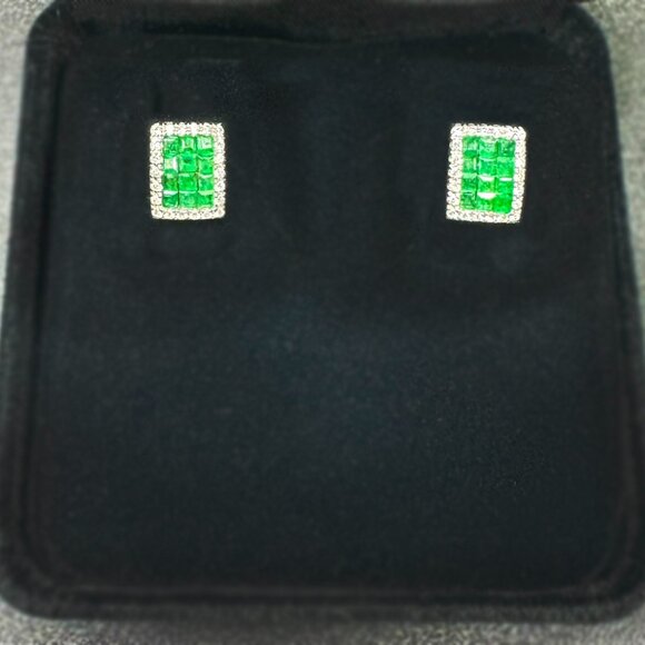 14K White Gold Emerald Diamond Stud Earrings | Art Deco Style | 585 Marked - Picture 1 of 16